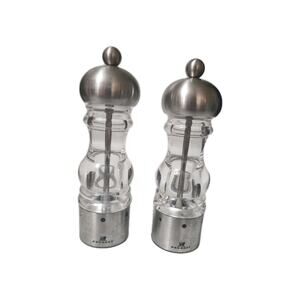 Peugeot France Salt & Pepper Mill Grinder Set 7” Clear Acrylic Brushed Stainless